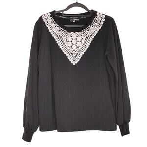 Karl Lagerfeld Sweater Blouse Crochet Neckline Long Sleeve Black Womens Small